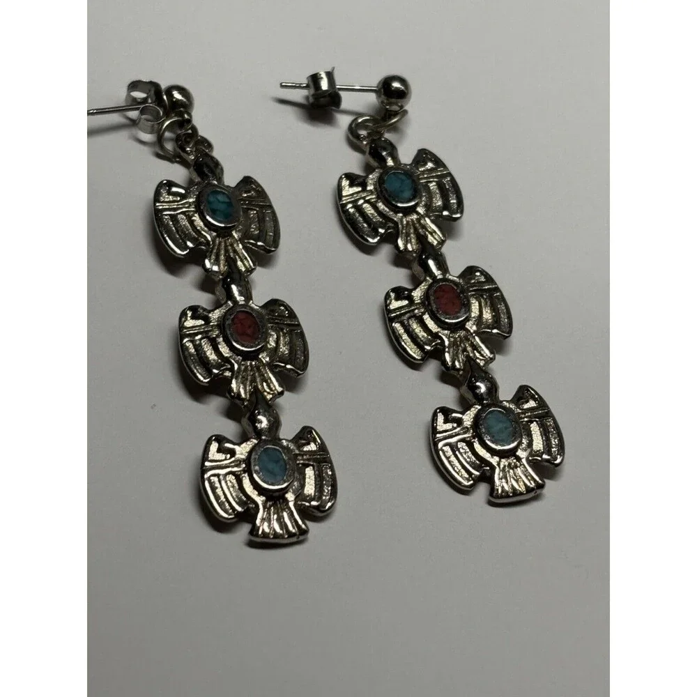 Triple Thunderbird Stacked Navajo Earrings Dangle Native Sterling 925